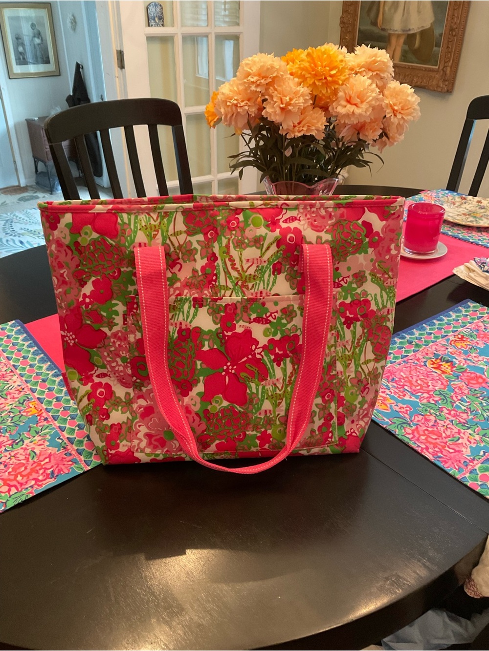 Lilly Pulitzer Bright Floral Tote Bag with Pink Handles